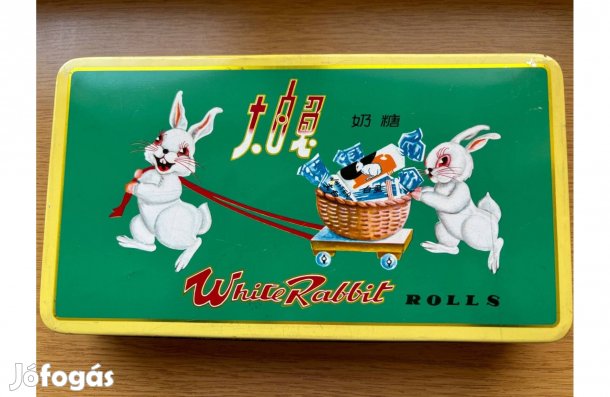 Pléh, bádog cukorkás doboz húsvéti nyuszi mintával, retró tárgy
