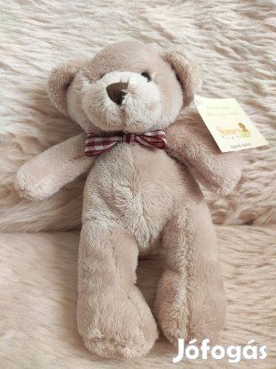 Plüss állat figura kockás masnis krémszínű maci