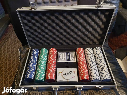 Pókerkészlet - 300 zseton, 2 pakli kártya bőröndben +asztallap