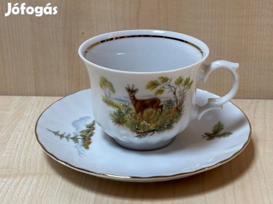 Porcelán csésze alátéttel, vadászjelenetes, őzbak