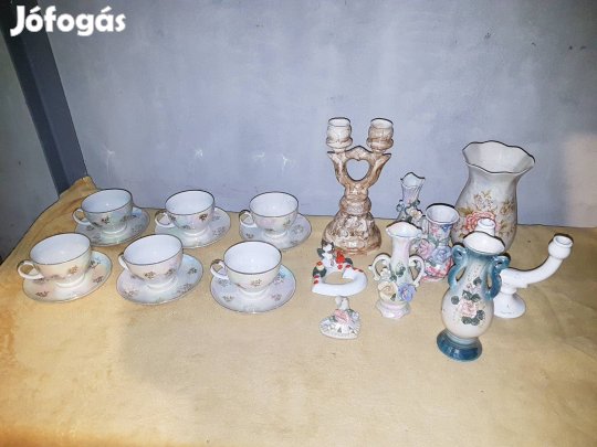 Porcelán csésze készlet és díszek gyertyatartó váza asztaldísz