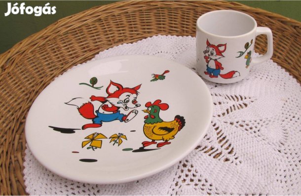 Porcelán gyerek tányér szett - róka - tyúk mintás
