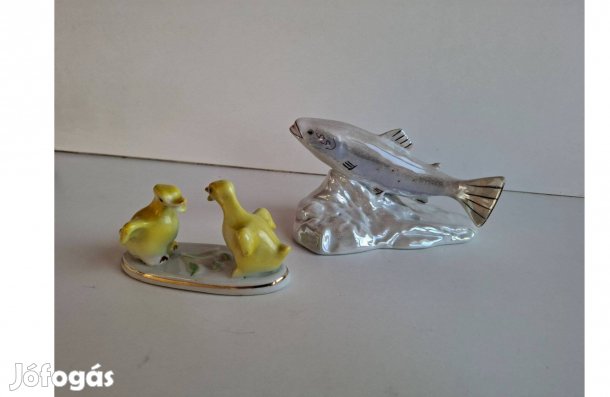 Porcelán kacsapár, kacsa és hal szobor nipp darabár