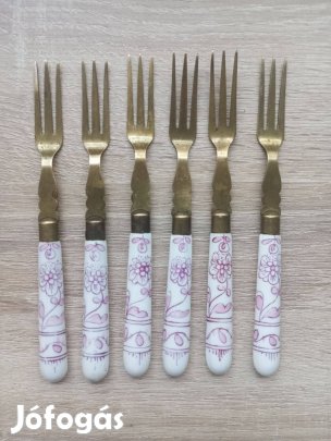 Porcelán nyelű, réz desszertes villa készlet