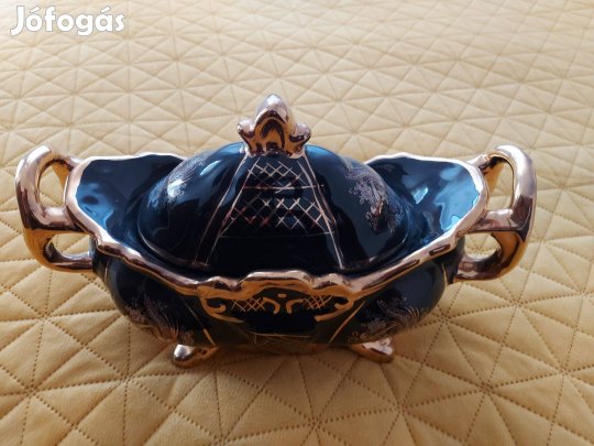 Porcelán tál, kobaltkék, aranyozott díszítésekkel