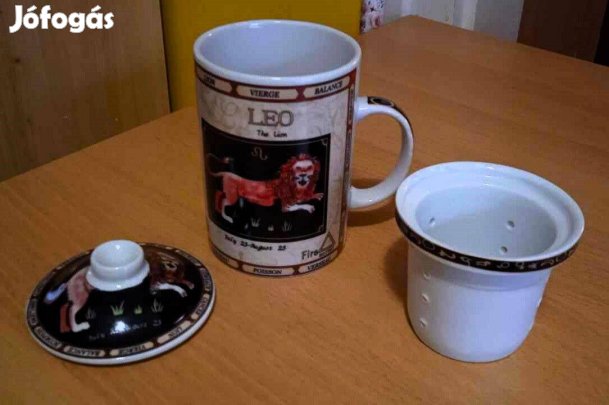 Porcelán teás: csésze+szűrő, tetővel, 3 részes. Horoszkópos