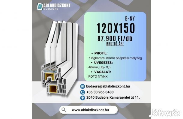 Prémium 120x150 műanyag ablak 3 rétegű üveggel raktárról azonnal