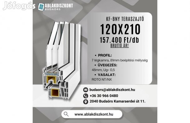 Prémium 120x210 műanyag teraszajtó 3 rétegű üveggel raktárról azonnal