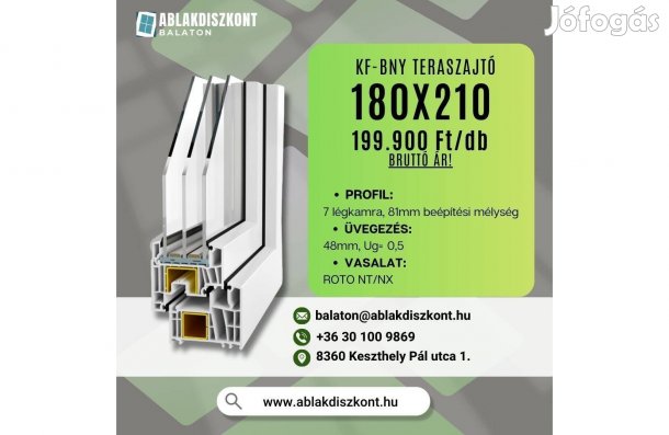 Prémium 180x210 kf-bny műanyag teraszajtó 3 rétegű üveg raktárról