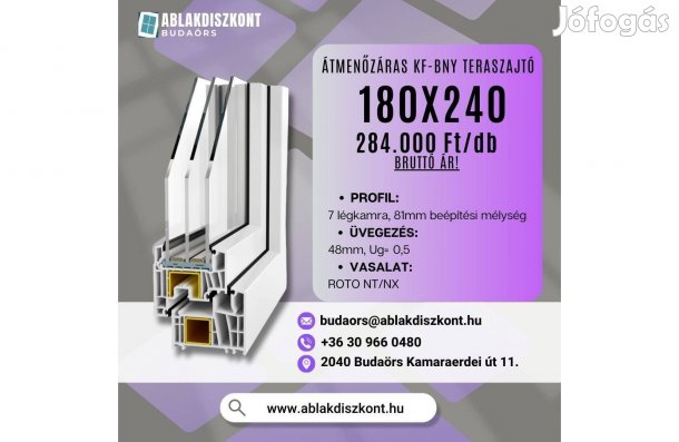 Prémium 180x240 átmenőzáras műanyag teraszajtó 3 rétegű raktárról