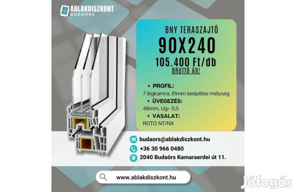 Prémium 90x240 bukó-nyíló műanyag teraszajtó 3 rétegű raktárról