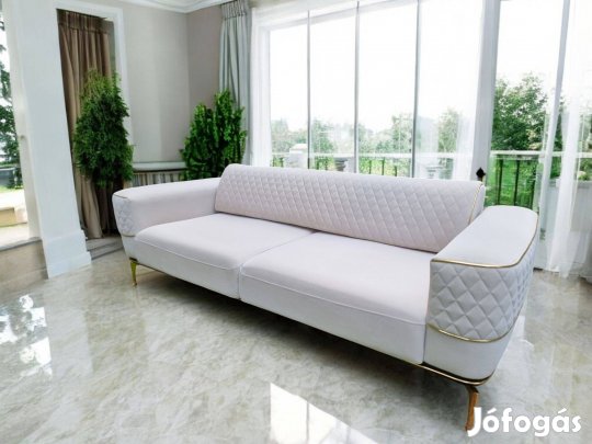 Prémium világos bézs bársony kanapé arany szegélyekkel