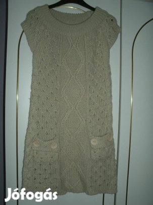 Purples bézs elől zsebes rövid ujjú kötött felső "L" méretben