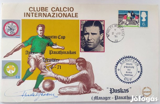 Puskás Ferenc által dedikált emlékboríték Panathinaikos Ajax BEK. Aran