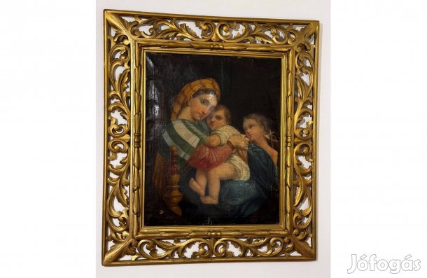 Raffaello Sanzio "Madonna della Sedia" olajfestmény másolat, fa keret