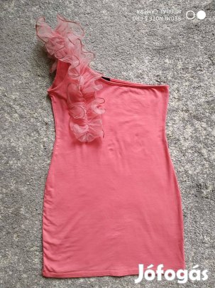 Rare rózsaszín félvállas tüllel díszített miniruha, tunika S-es