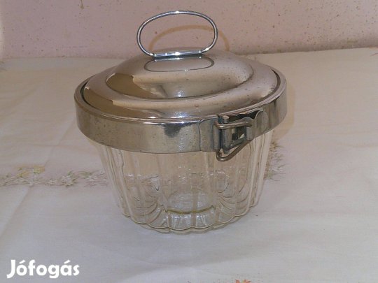 Régebbi hőálló üveg-fém fedeles pudingfőző, kuglóf forma