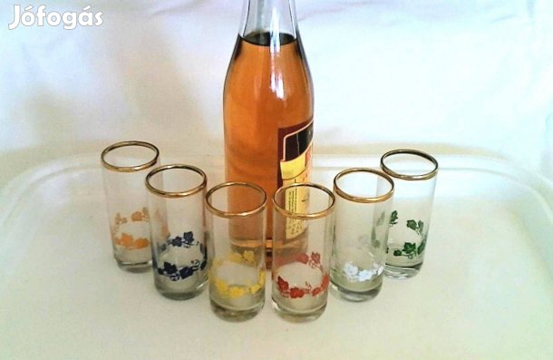 Régi 6 db festett üveg pálinkás röviditalos pohár szett