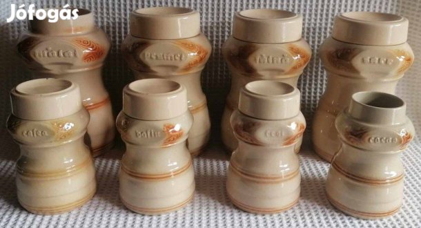 Régi 8 db Gránit Fajansz Vajszínű Fedeles Fűszertartó Készlet