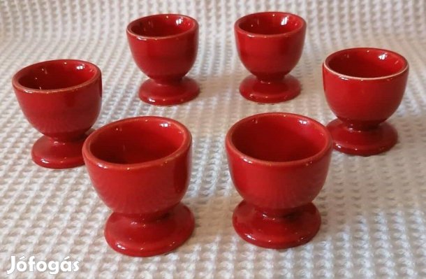 Régi Bájos 6 db Piros Fényes Kerámia Pálinkás Pohár Szett / Készlet