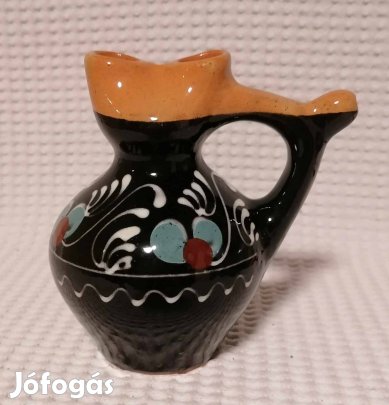 Régi Bájos Népi Fekete Virág Mintás Kerámia Kancsó / Cserép Edény