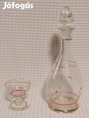 Régi Bájos Piros Pöttyös Likőrös Üveg és Pálinkás Pohár Szett