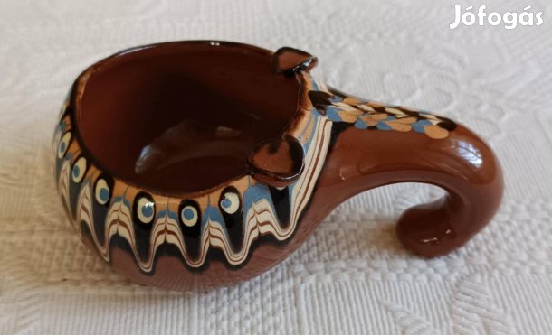 Régi Barna Bájos Népi Motívumos Kerámia Nyeles Kis Tálka