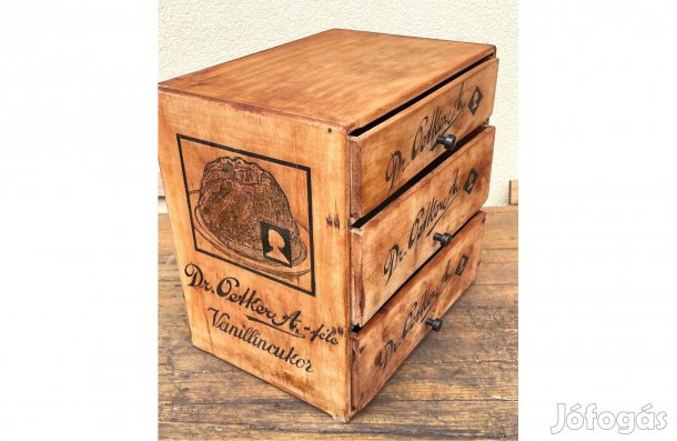 Régi Dr. Oetker féle reklám sütőporos fiókos doboz antik szatócs bolti