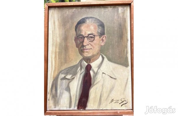 Régi Férfi portré olaj festmény szignózott szocreál kép 1955