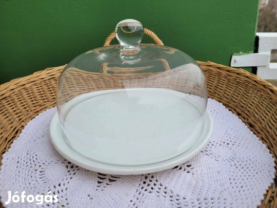 Régi Gránit porcelán tálcán öntött üveg búra