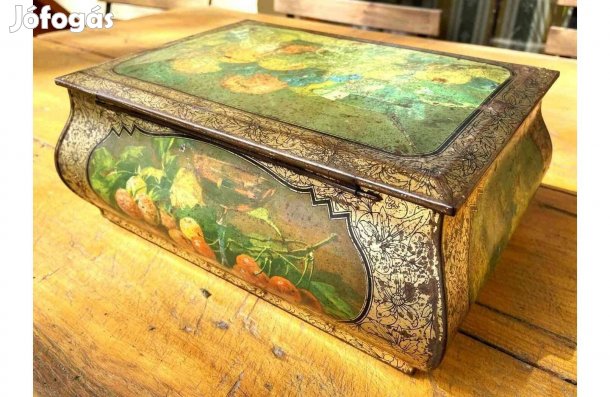 Régi Gyümölcs mintás íves fém doboz, vintage dekoráció, antik