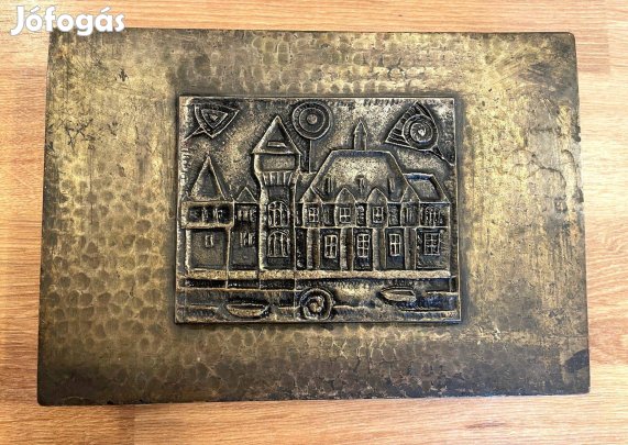Régi Jónás Ilona iparművészeti fémmunka díszdoboz kis fabetétes réz