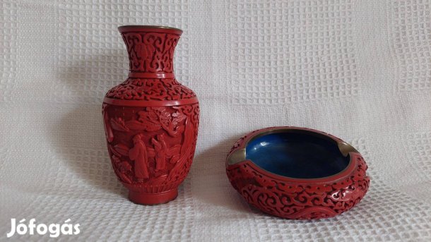 Régi Kínai Cinóber faragott lakk váza és hamutartó