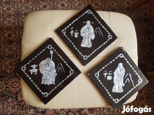 Régi Kínai gyöngyház intarzia dombor berakásos szerencse hozó falikép