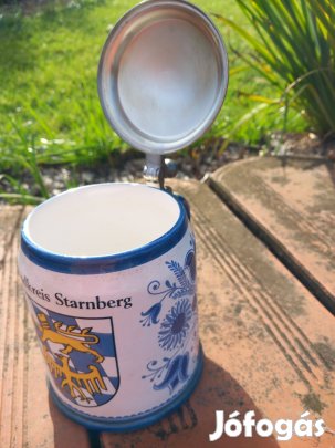 Régi NDK jelzett kerámia sörös korsó fedeles hibátlan