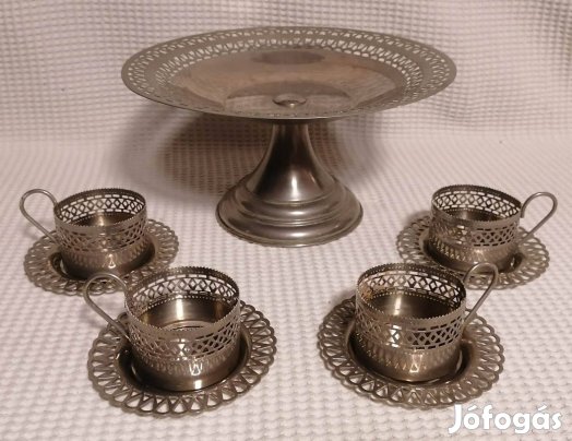 Régi Orosz Fém Teáspohár Tartó, Kistányér & Torta Állvány Szett