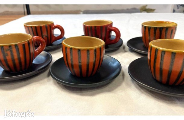 Régi Tófej kávés mokkás készlet art deco stílusú narancs-fekete szett