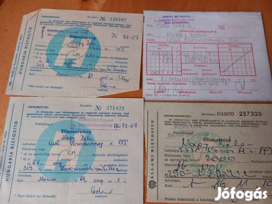 Régi Wartburg 353 autó biztosítási papírok 6 db egybe 80-as évek