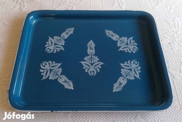 Régi Zománcos / Zománcozott Kék Virág Mintás Fém Tálca