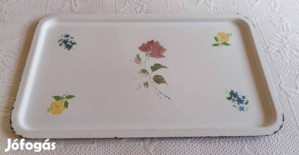 Régi Zománcos / Zománcozott Virágmintás Fém Tálca