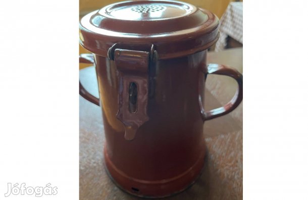 Régi, 2 literes zománcozott zsíros bödön, vindő