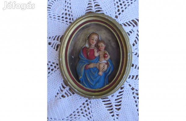 Régi, 3D-s Madonna a gyermekkel ovális viasz kép