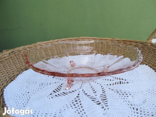Régi, Art Deco rózsaszín öntött üveg gyümölcs tál