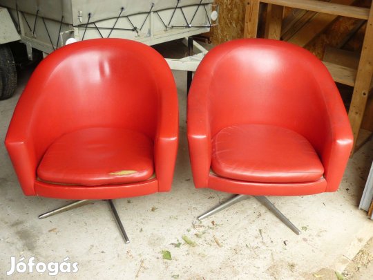 Régi , retró , piros műbőr forgófotel pár , fémtalpas fotel