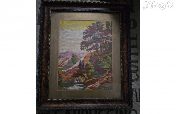 Régi, antik goblein kép keretben, 53x44 cm