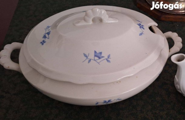Régi, antik porcelán levesestál, kék virágmintás