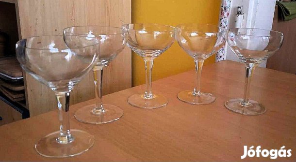 Régi, békebeli lehelet vékony pezsgős/martinis pohár, 5 db