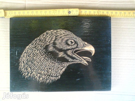 Régi, egyedi kézzel faragott, vésett fa kép 22,8 cm x 16,5 cm