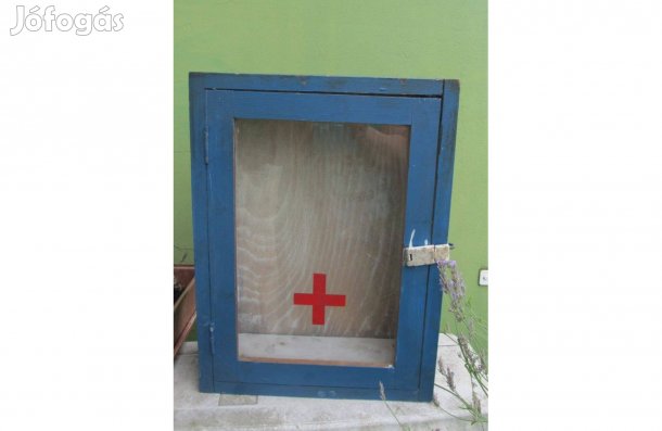 Régi, fa, üvegajtós, elsősegély fali szekrény