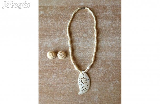 Régi, faragott csontnyaklánc + medál + klipszek